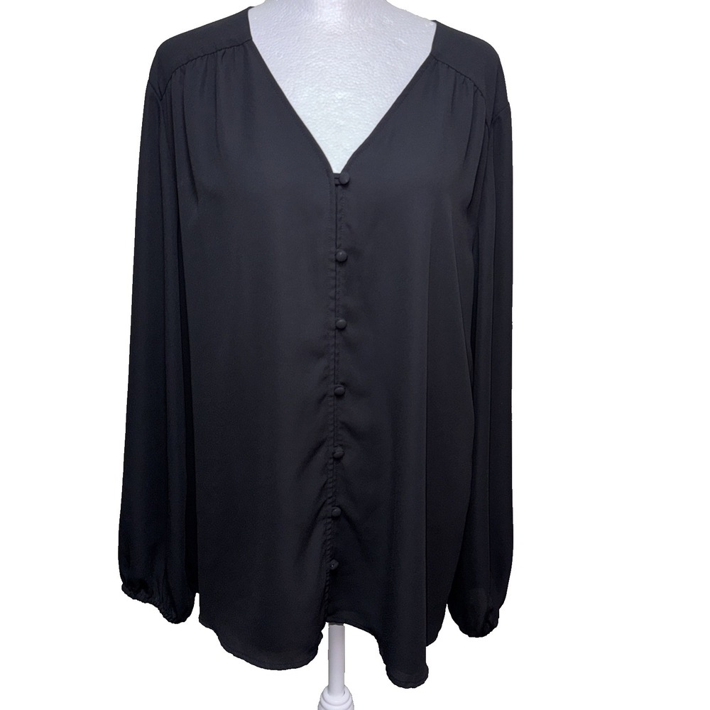 Investments Black V-Neck Blouse XL Faux Button Front Minimalist Quiet Luxury